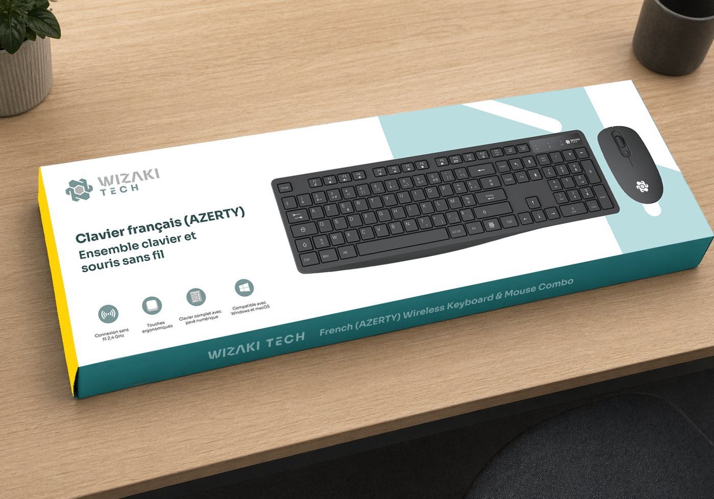 Ensemble clavier AZERTY français et souris sans fil Wizaki Tech, avec sa boîte, sur un bureau